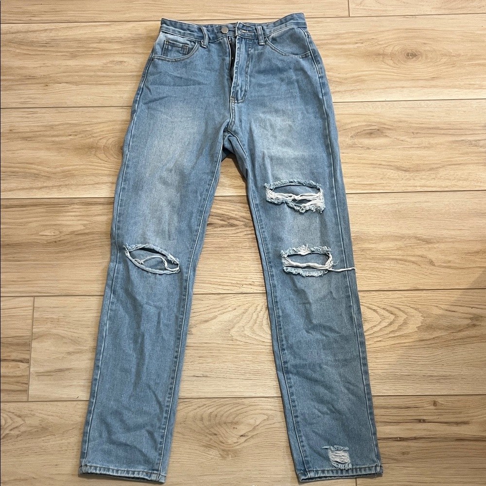 SHEIN Women's High Rise Light Blue Distressed Jeans
